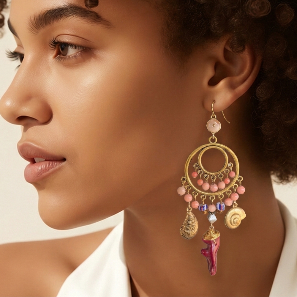 Ocean Themed Gold and Pink Dangle Earrings